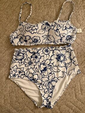 aerie White & Blue Floral High-Waist Bikini Set